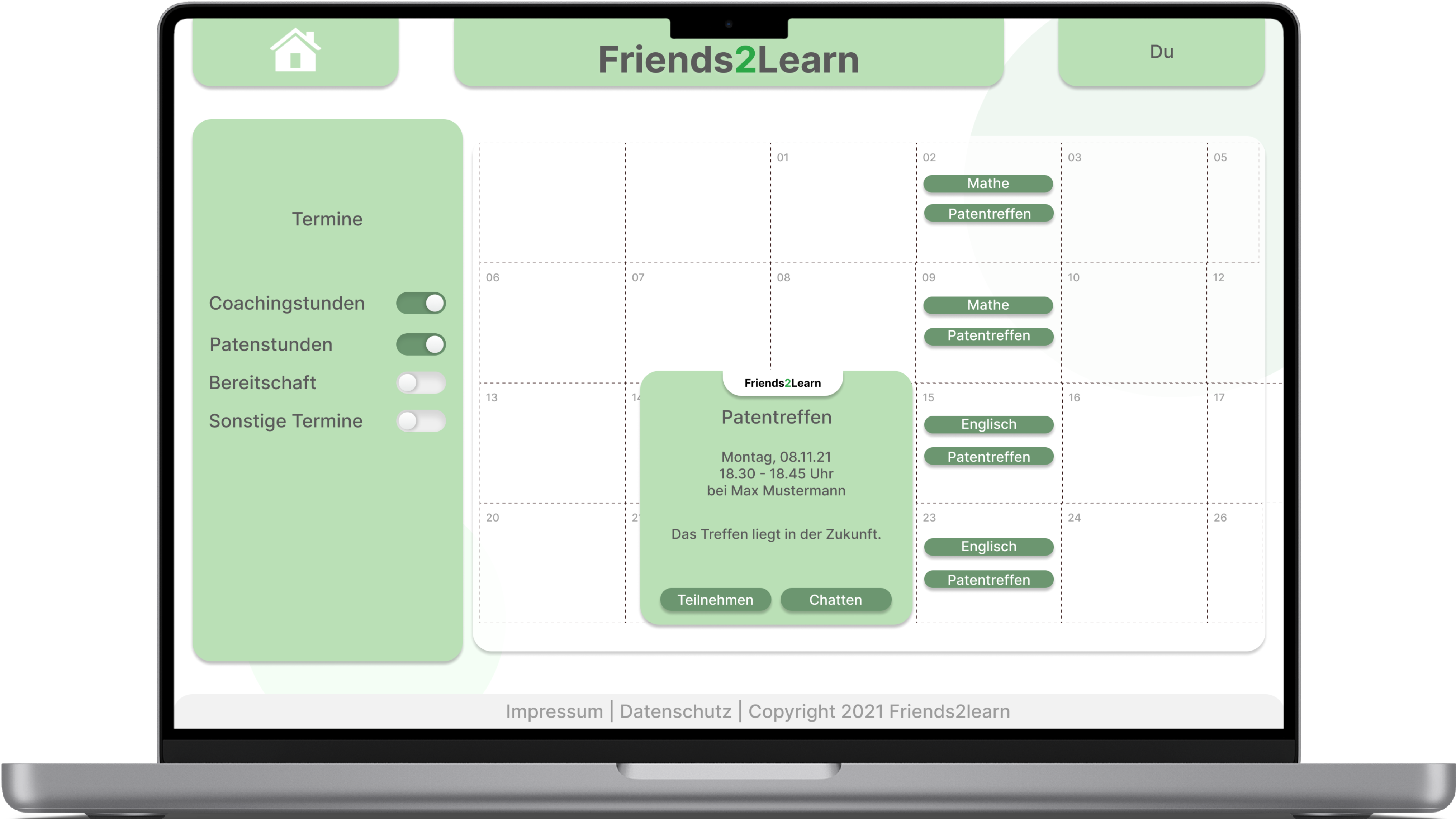 Darstellung des Friends2Learns Kalenders auf einem Laptop 